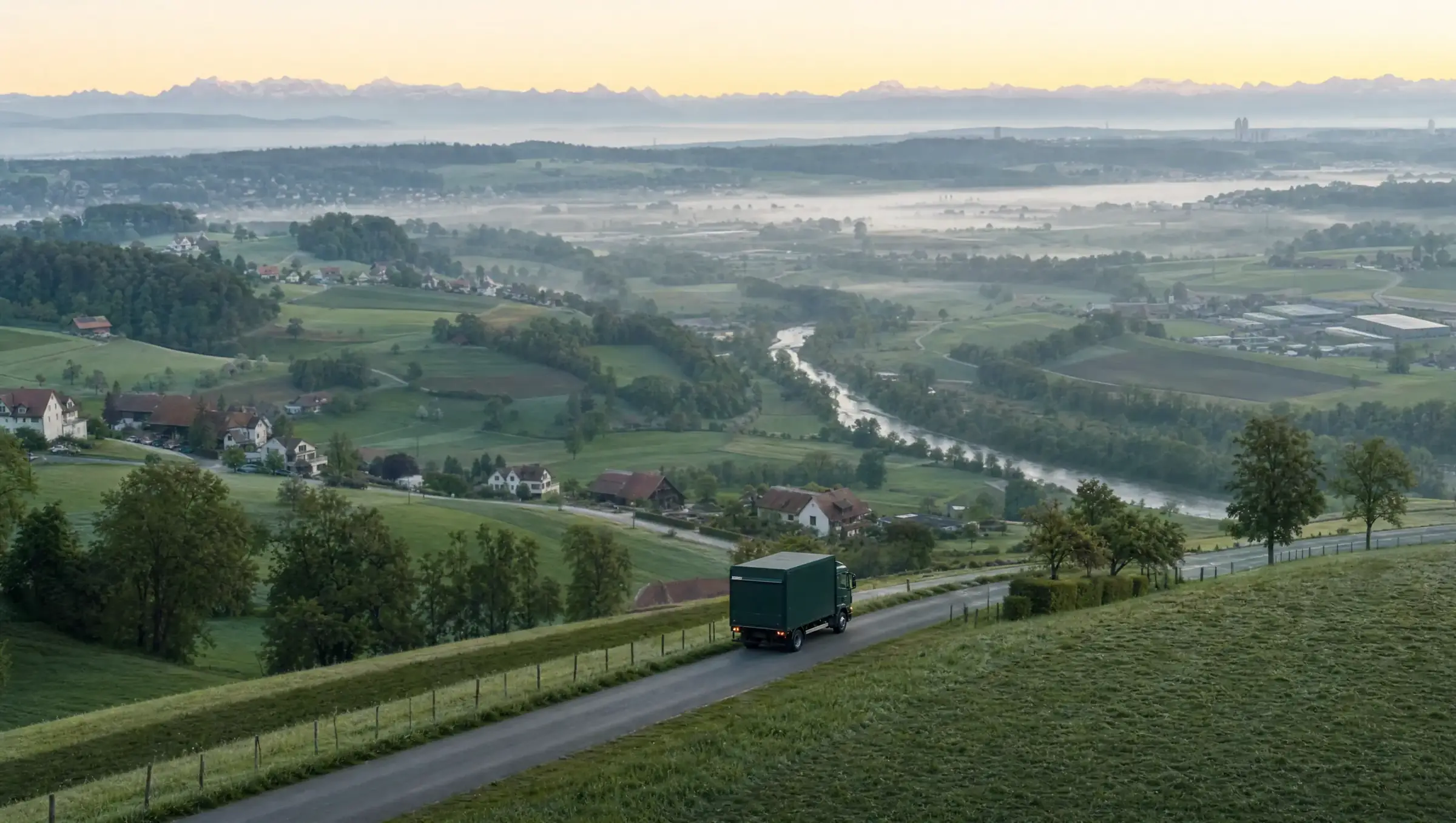 Hügellandschaft im Zürcher Unterland bei Sonnenaufgang, ein grüner Lastwagen auf einer Landstrasse
