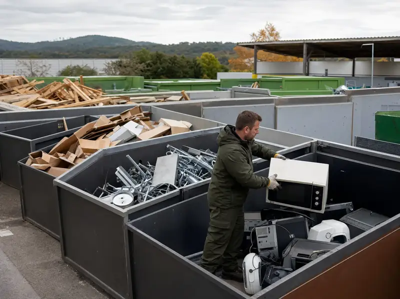 Mitarbeiter legt ein altes Elektrogerät in den richtigen Container einer Sammelstelle