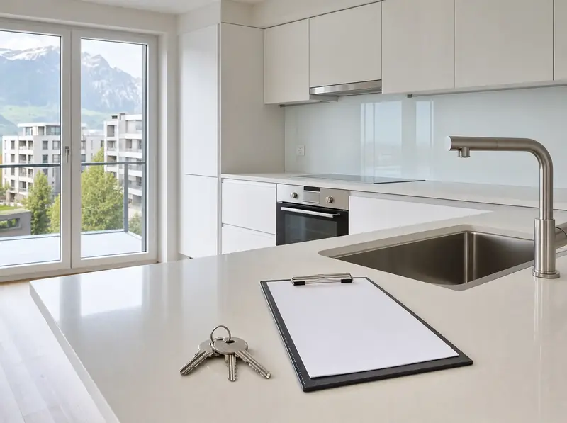 Blitzblanke Küche mit Schlüsselbund und Abnahmeprotokoll auf der Arbeitsfläche bei der Wohnungsabgabe