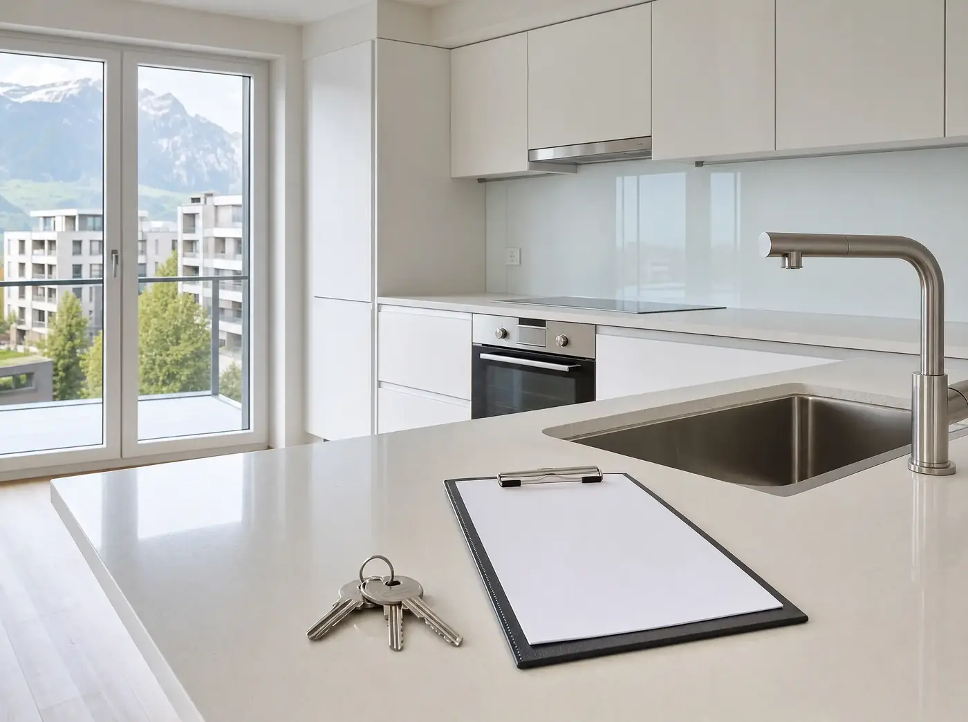 Blitzblanke Küche mit Schlüsselbund und Abnahmeprotokoll auf der Arbeitsfläche bei der Wohnungsabgabe