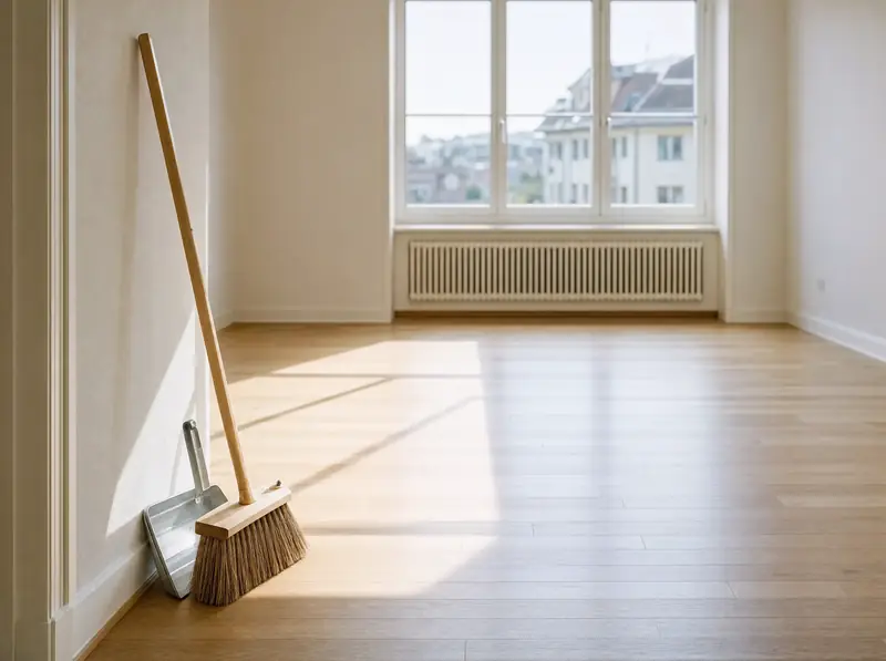Leerer, besenreiner Raum mit Besen und Schaufel an der Wand auf Eichenparkett