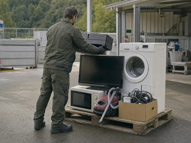 Waschmaschine, Fernseher, Mikrowelle und Staubsauger auf einer Palette an einer Recycling-Sammelstelle