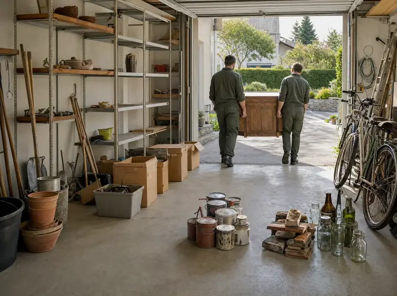 Zwei Mitarbeitende tragen einen Schrank aus einer Garage, Gegenstände sind nach Material sortiert