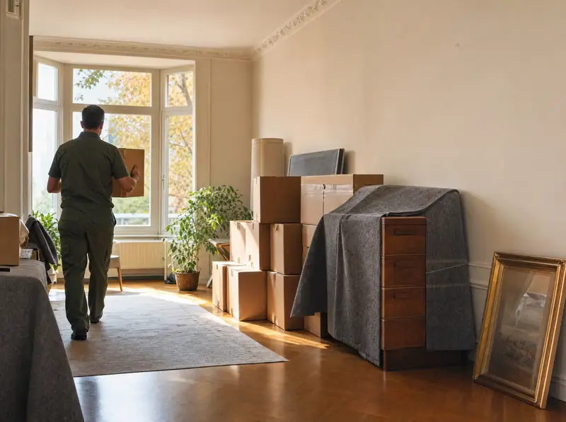 Halb geräumtes Wohnzimmer mit Umzugskartons und eingepacktem Sideboard während einer Haushaltsauflösung