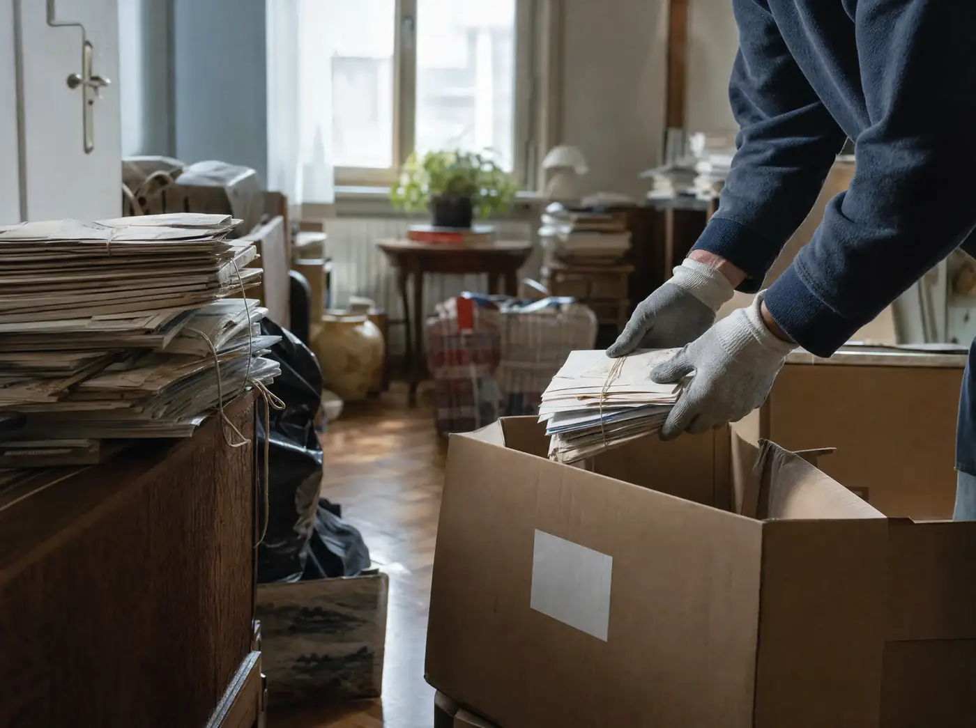 Behandschuhte Hände legen alte Briefe sorgfältig in einen Karton in einer überfüllten Wohnung