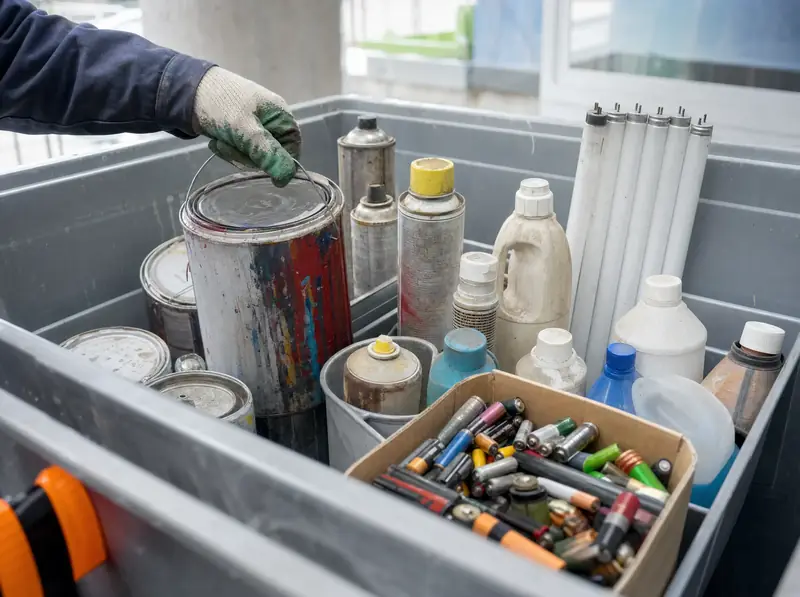 Farbdosen, Spraydosen, Leuchtröhren und Batterien getrennt in einem Sammelbehälter für Sonderabfall