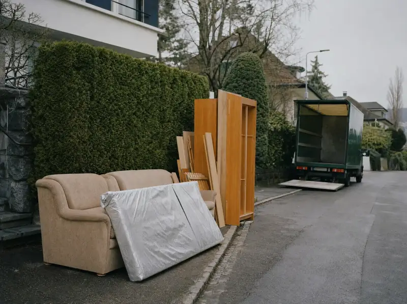 Sofa, Matratze und zerlegter Schrank ordentlich am Strassenrand, im Hintergrund ein grüner Lastwagen