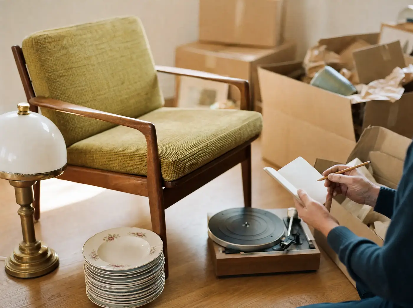Teak-Sessel, Messinglampe, Porzellanteller und Plattenspieler werden während einer Räumung begutachtet