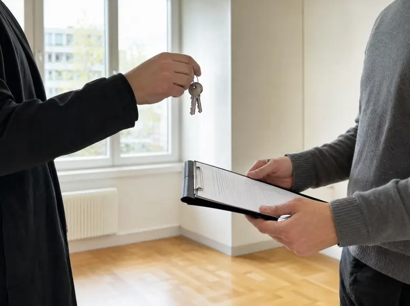 Schlüsselübergabe mit Klemmbrett und Abnahmeprotokoll in einer leeren, hellen Wohnung