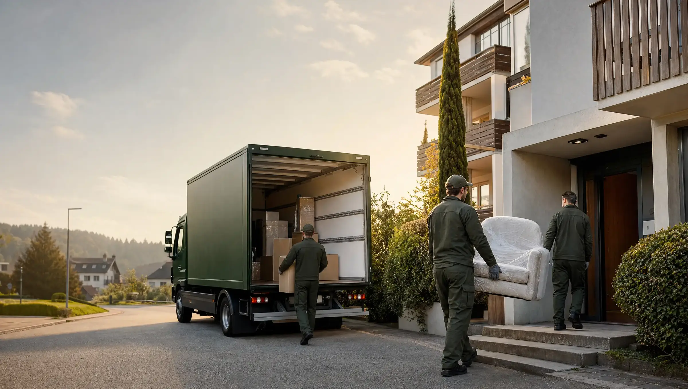 Dunkelgrüner Lastwagen vor einem Zürcher Mehrfamilienhaus, zwei Mitarbeitende tragen einen eingepackten Sessel, ein dritter einen Karton