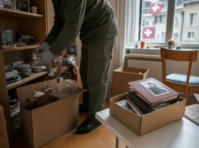 Mitarbeiter mit Handschuhen sortiert Gegenstände in Kartons, Fotoalben sind separat beiseitegelegt