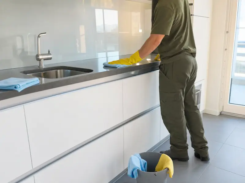 Mitarbeiter mit gelben Handschuhen reinigt die Küchenabdeckung in einer leeren Wohnung