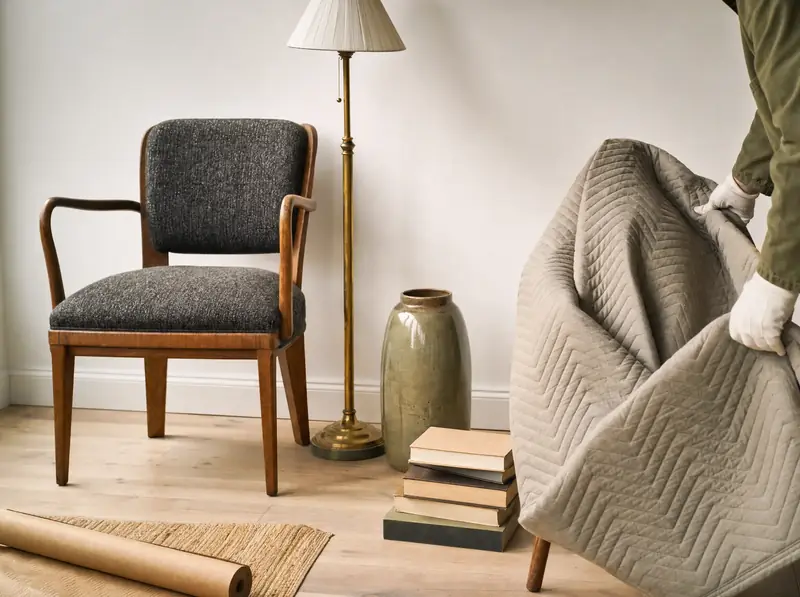 Gut erhaltener Holzsessel, Stehlampe und Vase, ein Möbelstück wird für die Weitergabe in eine Decke eingeschlagen